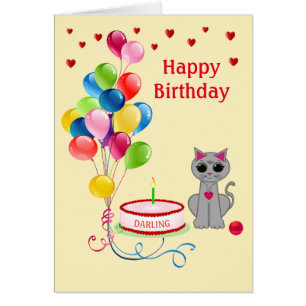 Birthday cat, hearts & multicolored balloons