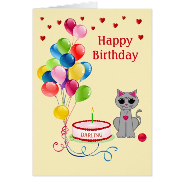 Birthday cat, hearts & multicolored balloons (Front)