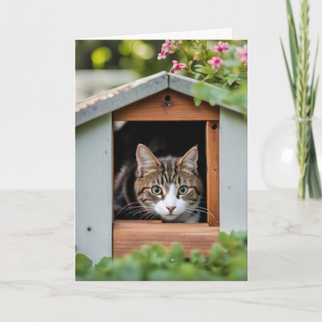 Birthday Cat Hiding in Dog House Card (Front)