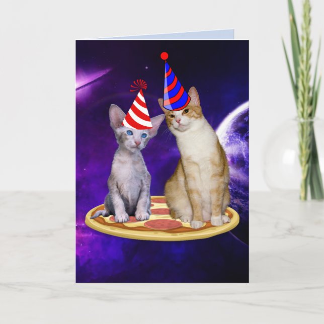 BIRTHDAY CAT IN SPACE WITH PIZZA CATS CARD (Front)