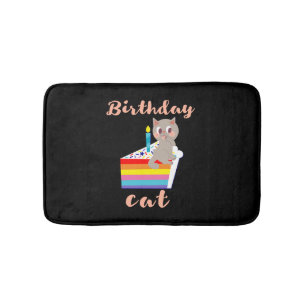 Birthday Cat - kawaii grey cat birthday Bath Mat