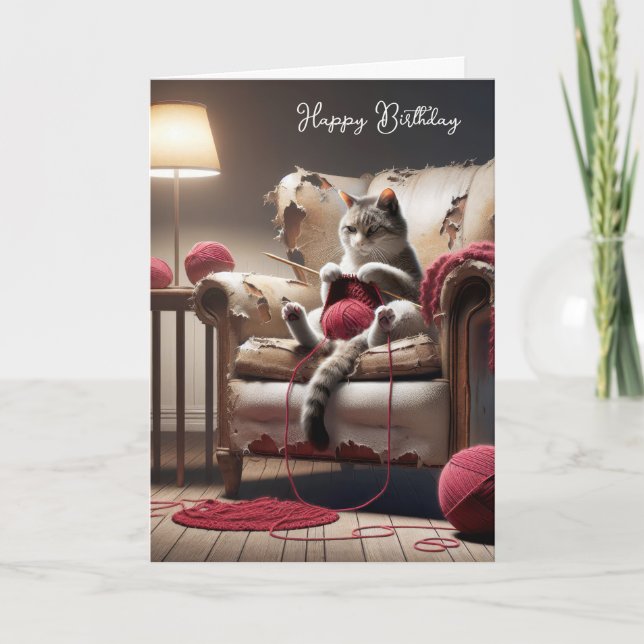Birthday Cat Knitting In Old Chair Card (Front)