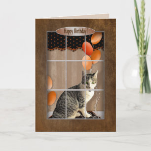 Birthday -  Cat Looking out Window - Balloons Card