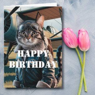 Birthday Cat Pilot & Airplane Cool Funny Aviation Card
