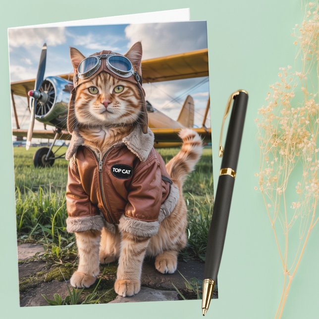 Birthday Cat Pilot Photo & Airplane Funny Aviation Card (Creator Uploaded)