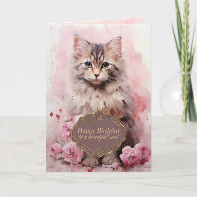 Birthday Cat Pink Beautiful Soul Holiday Card (Front)