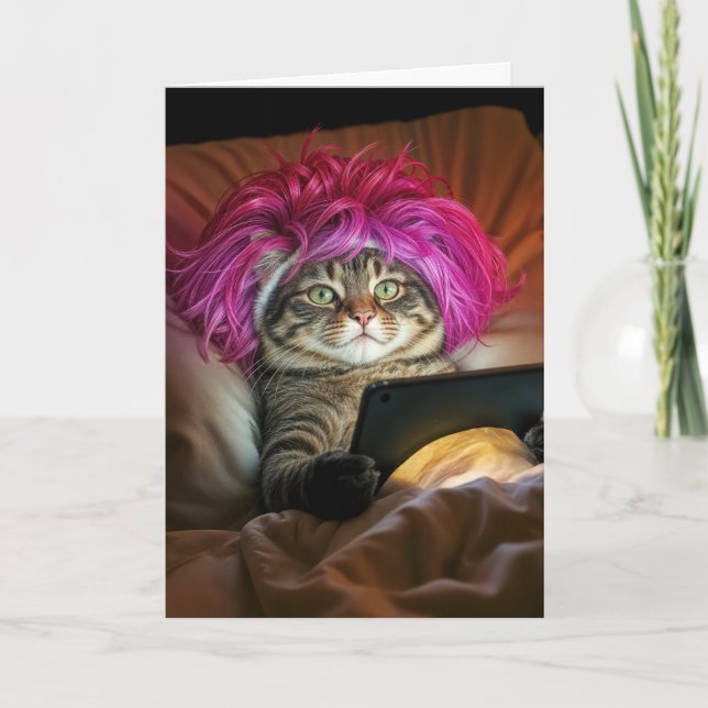 Birthday Cat Staring an Electronic Tablet In Bed Card (Front)