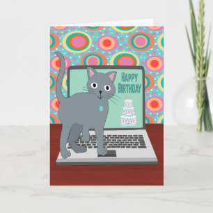 Birthday Cat Typing on Laptop Card