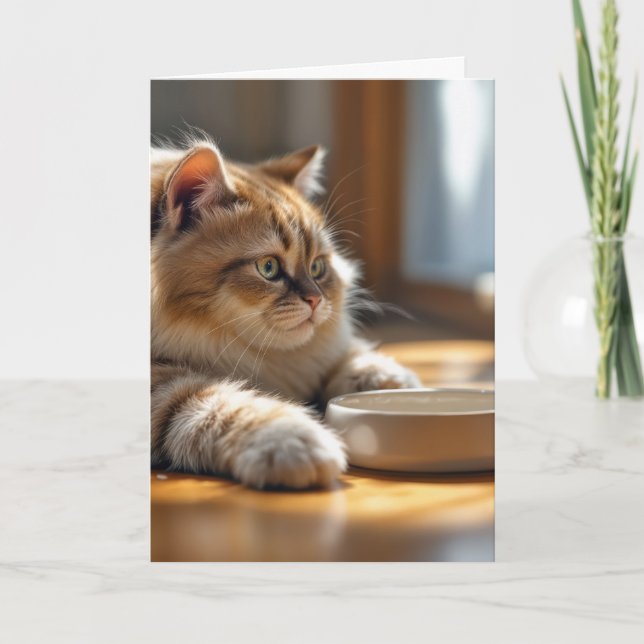 Birthday Cat Waiting By an Empty Food Bowl Card (Front)