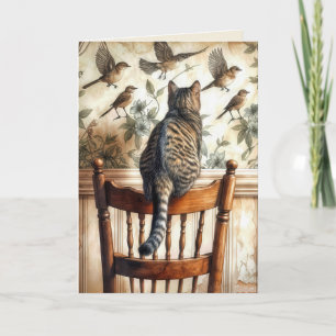 Birthday Cat Watching Birds On Wallpaper Card