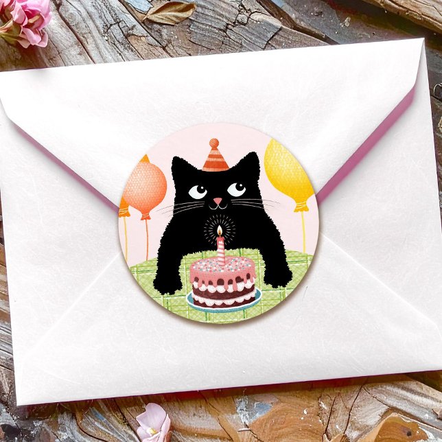 Birthday cat with cake and balloons square sticker (Creator Uploaded)