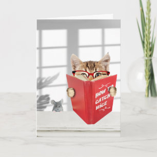 Birthday Cat with Glasses and Red Book Card