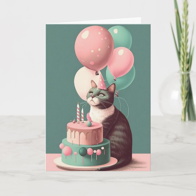 Birthday Cat with Party Hat Greeting Card (Front)