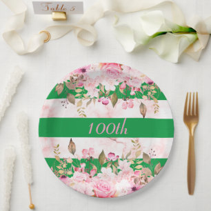 Birthday Celebration Green Pink Stripe Floral Paper Plate