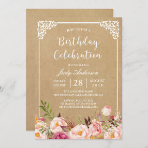 Birthday Celebration Rustic Floral Frame Kraft Invitation