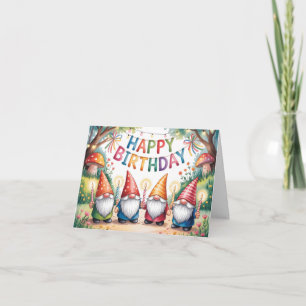 Birthday Celebration with a Group of Garden Gnomes Holiday Card