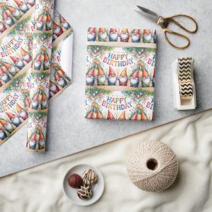 Birthday Celebration with a Group of Garden Gnomes Wrapping Paper