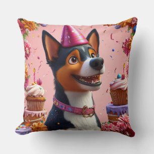 Birthday Celebration With Happy Dog Throw Pillow