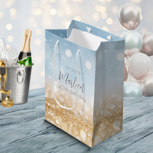 Birthday champagne light blue sparkling gold  medium gift bag