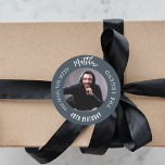 Birthday charcoal grey photo man myth legend classic round sticker<br><div class="desc">A charcoal grey background.   Text: The Man,  The Myth,  The Legend. Personalize and add his name,  age and photo.</div>