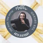 Birthday charcoal grey photo man myth legend classic round sticker<br><div class="desc">A charcoal grey background.   Text: The Man,  The Myth,  The Legend. Personalize and add his name,  age and photo.</div>