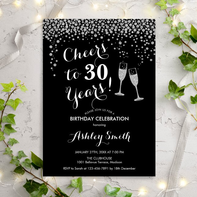 Birthday - Cheers To 30 Years Black White Silver Invitation (Creator Uploaded)