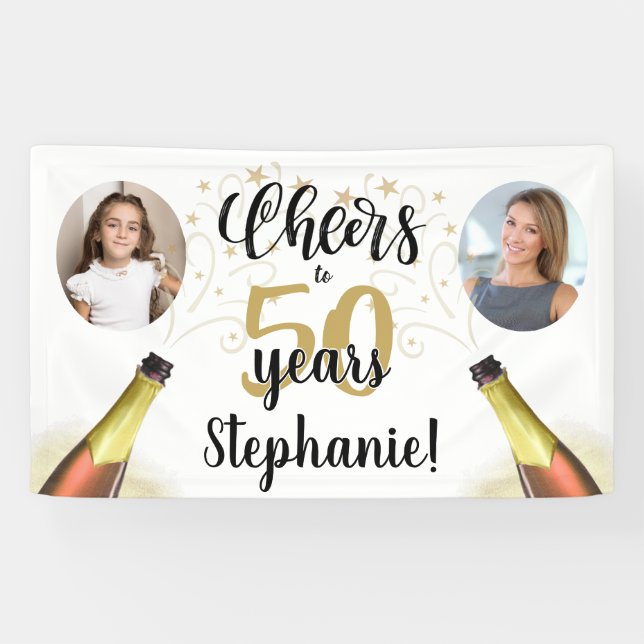 Birthday CHEERS TO # YEARS Black Gold 2 Photo Banner (Horizontal)