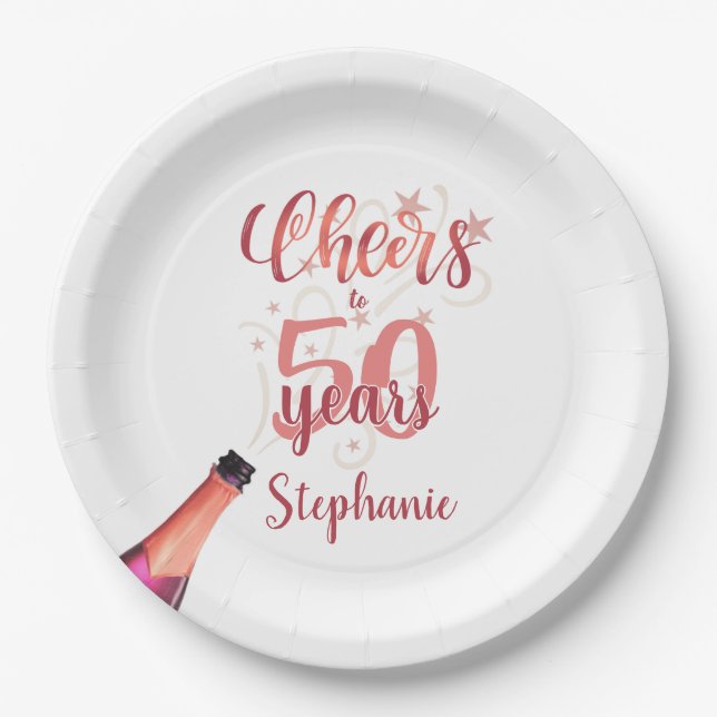 Birthday CHEERS TO # YEARS Rose Gold Script Paper Plate (Front)