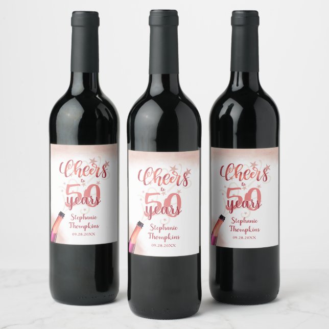 Birthday CHEERS TO # YEARS Rose Gold Script Wine Label (Bottles)