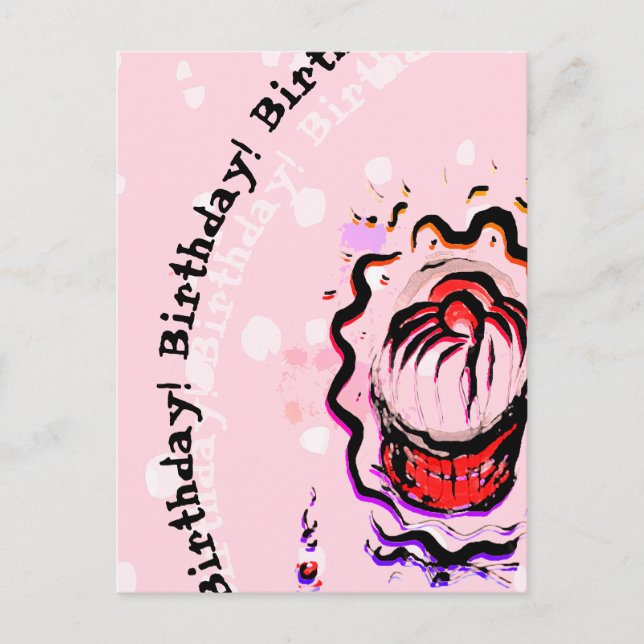 Birthday Cherry Cupcake Doodle Food Fight on pink Postcard (Front)