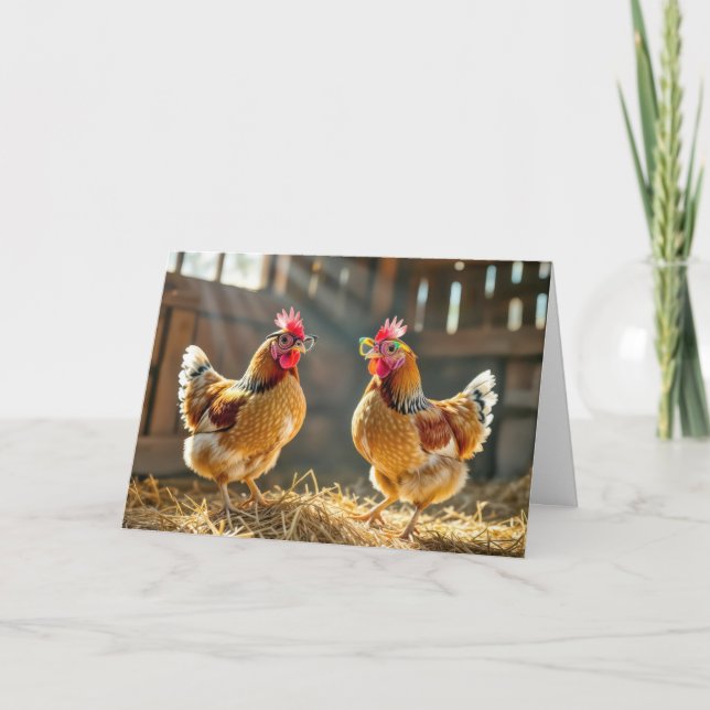 Birthday Chickens Wearing Glasses In a Sunny Barn Card (Front)