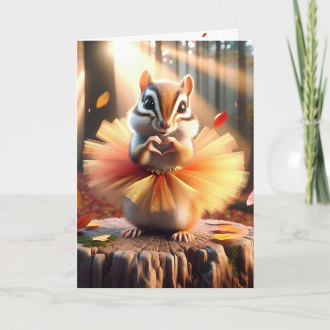 Birthday Chipmunk Wearing a Tutu On a Tree Stump Card (Front)