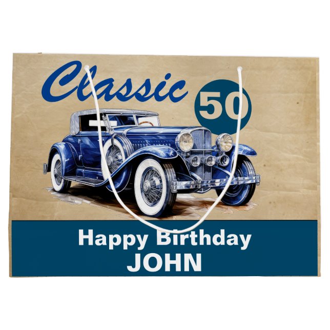 Birthday, Classic Vintage Blue Car Large Gift Bag (Back)