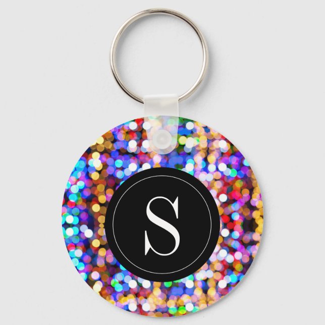 Birthday Colourful Bokeh Lights Monogram Initial Keychain (Front)