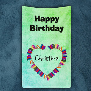 Birthday Colourful Books in Heart Shape Green Banner