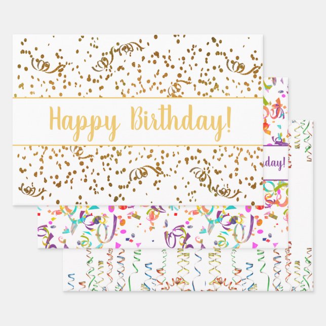 Birthday Colourful Confetti Streamers Gold Custom Wrapping Paper Sheet (Set)