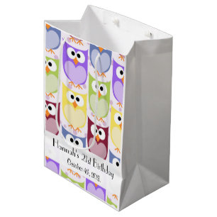 Birthday - Colourful Owls - Green Blue Purple Medium Gift Bag