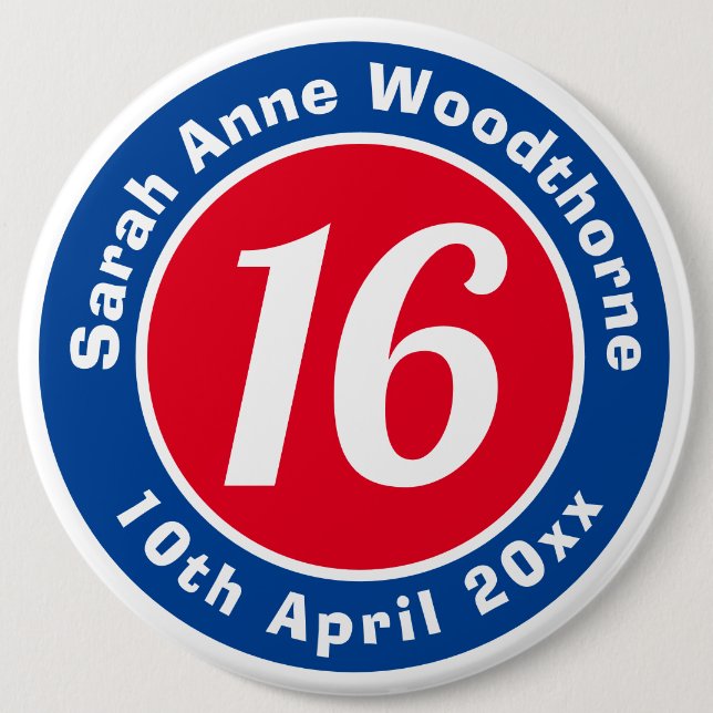 Birthday Commemoration with Name, Age, & Date 6 Inch Round Button (Front)