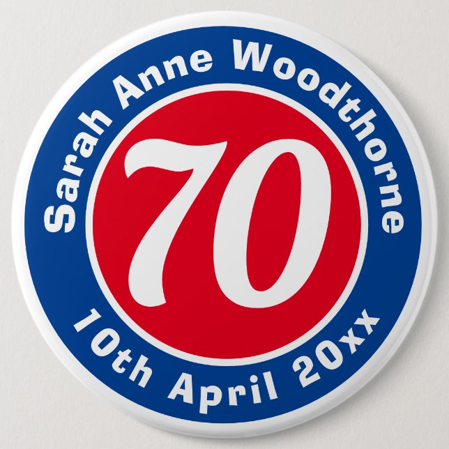 Birthday Commemoration with Name, Age, & Date 6 Inch Round Button (Front)