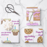 Birthday Confections Wrapping Paper Sheet<br><div class="desc">Cupcakes,  birthday cake and cookies with a bite taken out combined with Happy Birthday text and your child's name.</div>