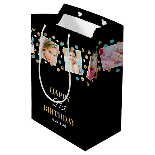 Birthday Confetti Custom Name Photo Collage Teal Medium Gift Bag (Back Angled)