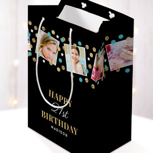 Birthday Confetti Custom Name Photo Collage Teal Medium Gift Bag