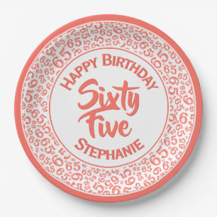 Birthday Cool Random Number Pattern Coral/White Paper Plate