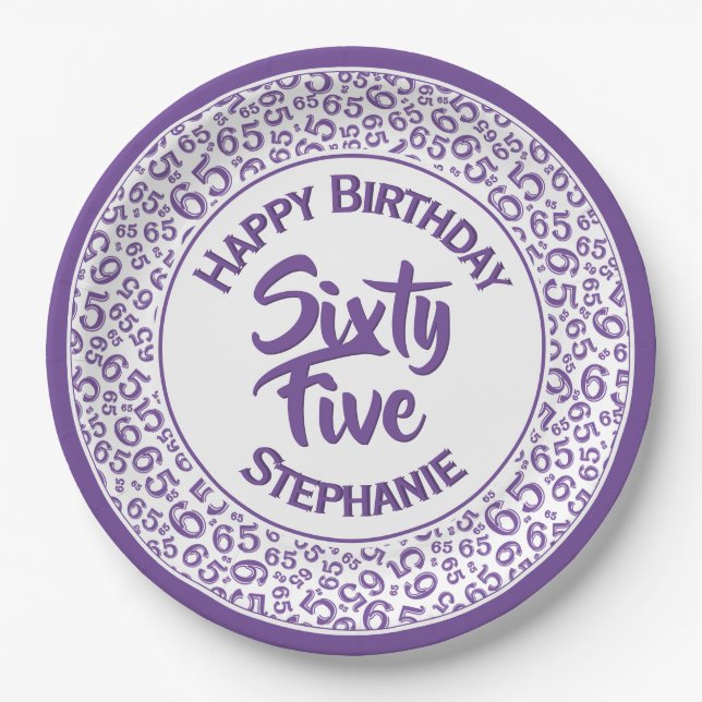 Birthday Cool Random Number Pattern Purple/White Paper Plate (Front)