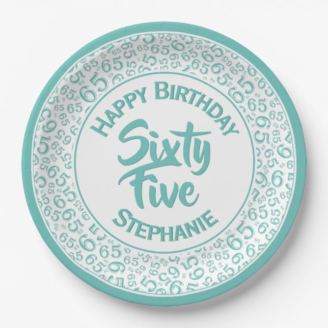 Birthday Cool Random Number Pattern Teal/White Paper Plate (Front)