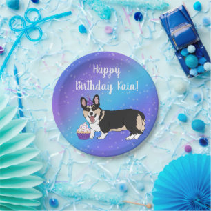Birthday Corgis Blue And Purple  Paper Plate