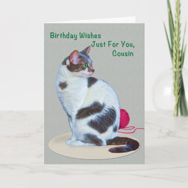 Birthday, Cousin, Green-Eyed Cat Card (Front)
