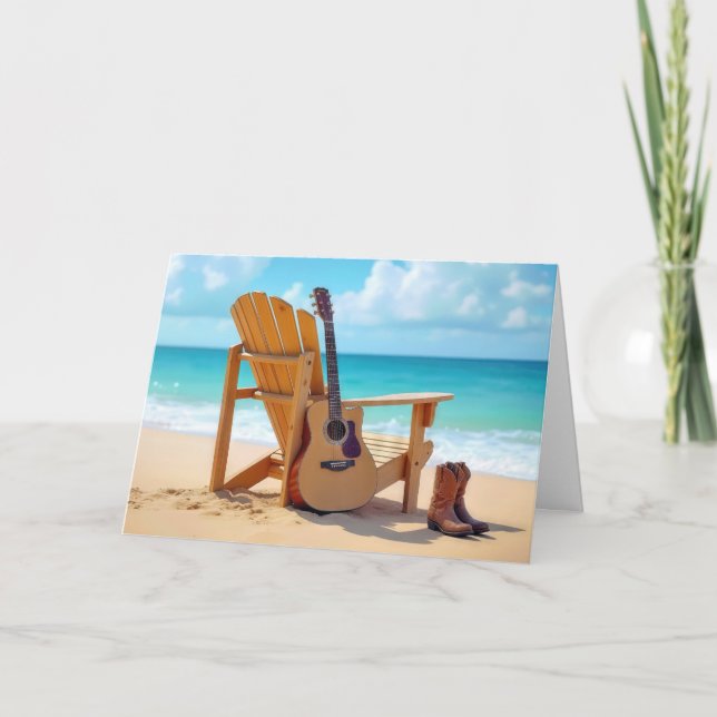 Birthday Cowboy Boots and Guitar On the Beach Card (Front)