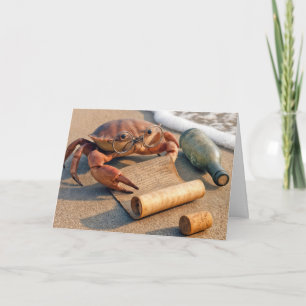 Birthday Crab Reading a Message on a Beach Card