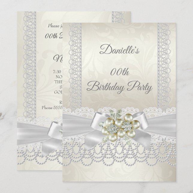Birthday Cream White Pearl Lace Damask Diamond Invitation (Front/Back)